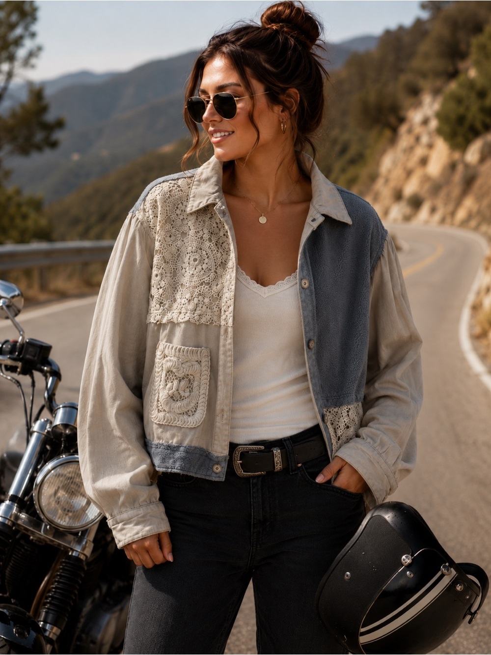 POL Blue and Cream Lace Jean Jacket